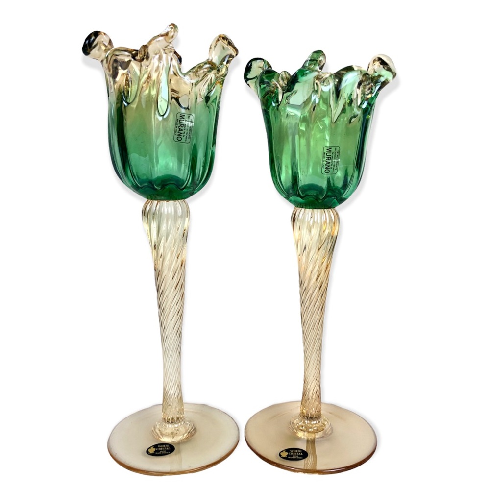 Set of 2 Italian White Crystal Hand Blown Candle Holders